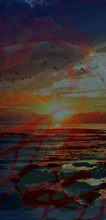 Vibrant sunset with flying birds over ocean.