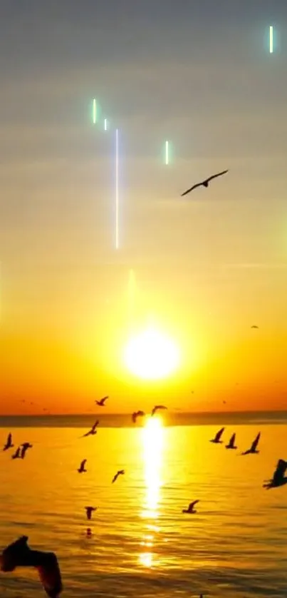 Sunset ocean view with birds flying across the golden sky.