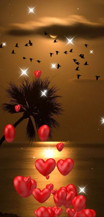 Romantic beach sunset with hearts and birds in the sky.