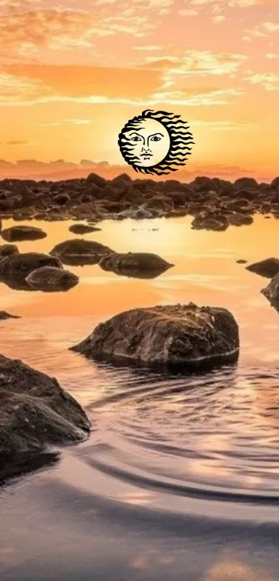 Serene sunset over rocky waters creating a tranquil mobile wallpaper.