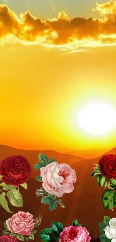 Mobile wallpaper with sunset and roses over mountains.