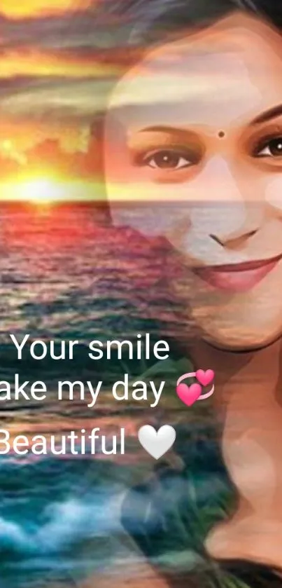 Artistic wallpaper with sunset and smiling face over ocean.