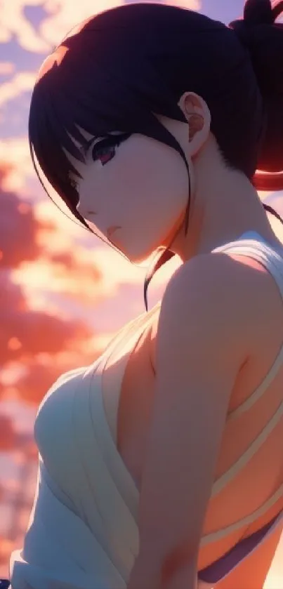 Anime girl at sunset, serene and elegant wallpaper.