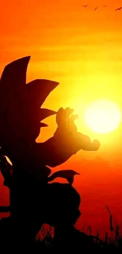 Anime character silhouette against an orange sunset with birds in the sky.