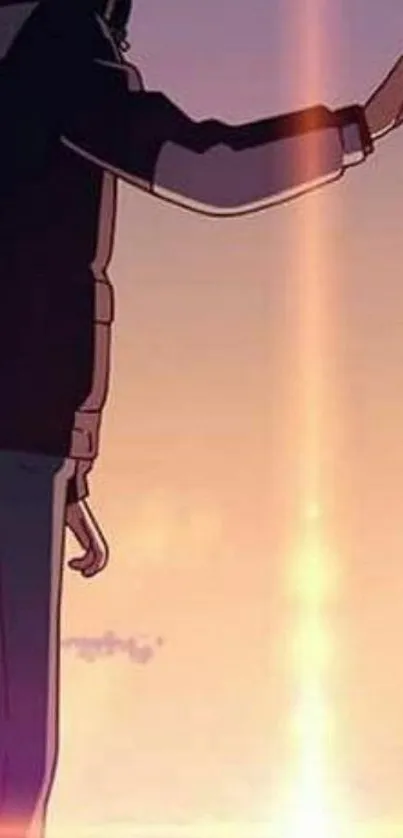 Animated character reaches towards a glowing orange sunset.