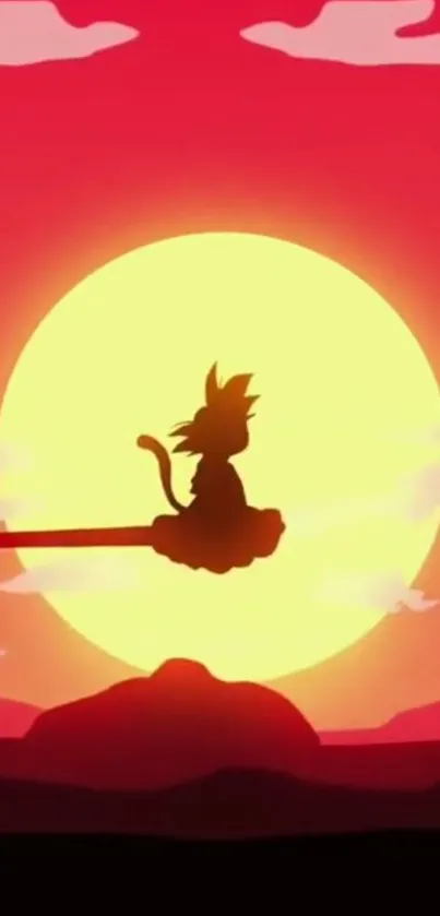 Anime silhouette with a vibrant red sunset background.