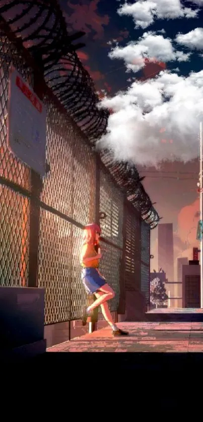 Anime artwork of a figure walking by a fence during a city sunset.