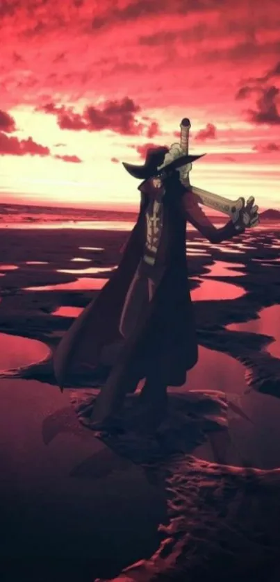 Anime warrior with sword at sunset on beach