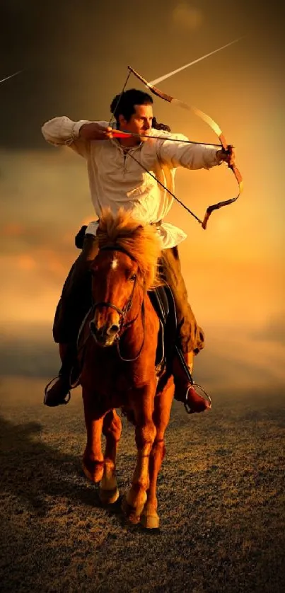 Archer on horseback during a stunning sunset scene.