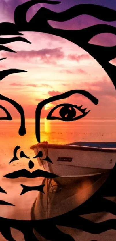 Creative sun design overlay on a sunset beach scene wallpaper.