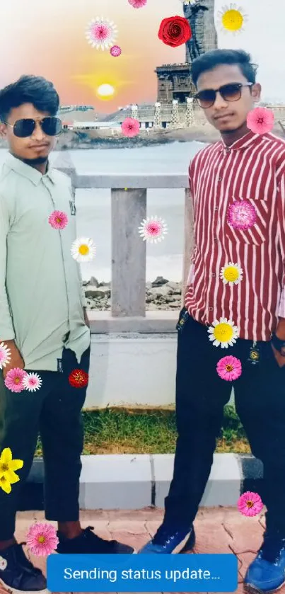 Two friends posing at sunset with historic monument.