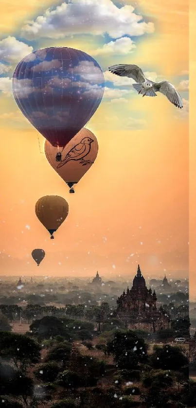 Hot air balloons over sunset landscape with temples and vivid skies.