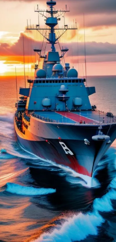 Majestic battle cruiser sailing at sunset with vibrant sky and sea waves.