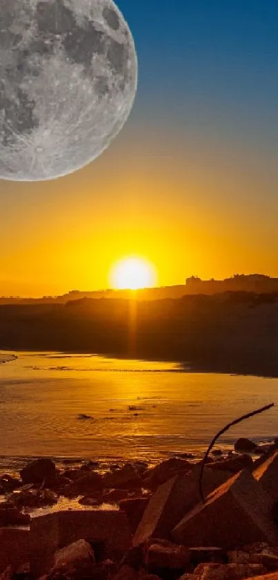 Serene beach with sunset and full moon scene.