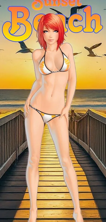 Anime character on a sunset beach with vibrant orange hues.