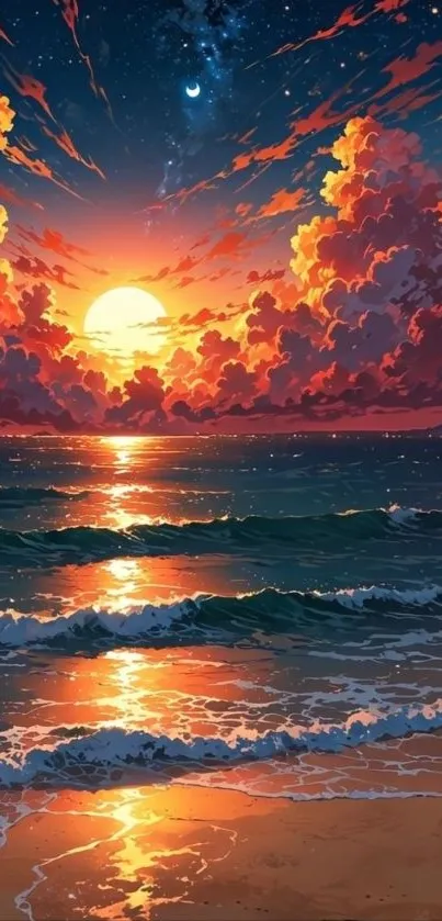Vibrant sunset over a tranquil ocean with fiery clouds and gentle waves on a beach.