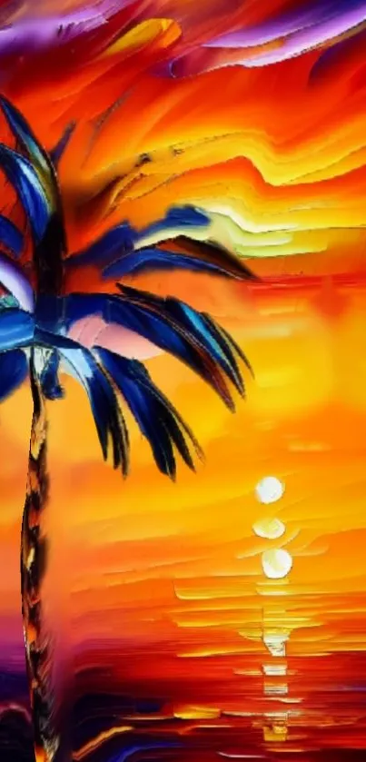 Vibrant tropical sunset wallpaper with palm tree silhouette reflecting in ocean.