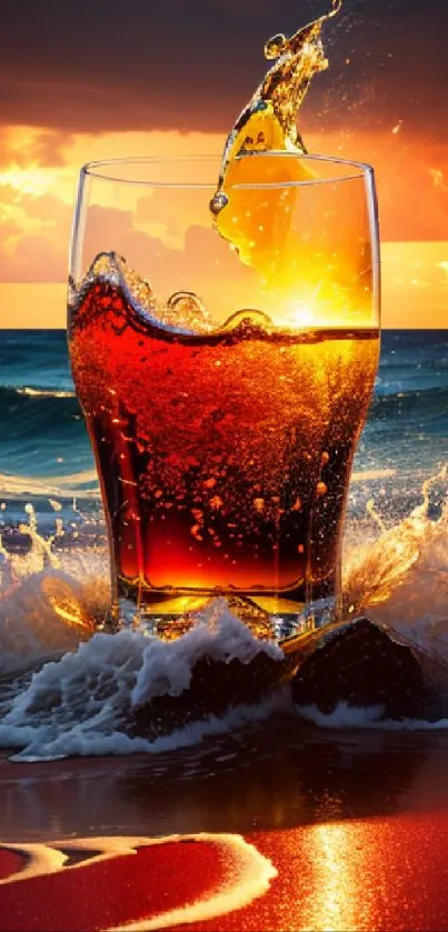 Glass with splash on beach at sunset, vibrant orange hues.