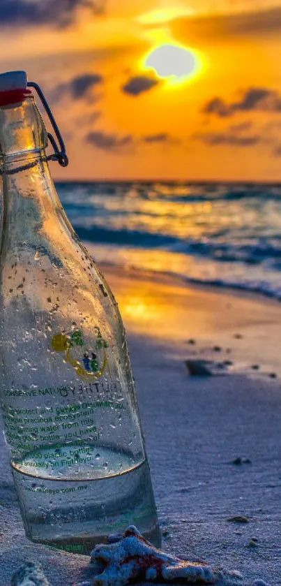 Beautiful sunset beach with a glass bottle and ocean waves.