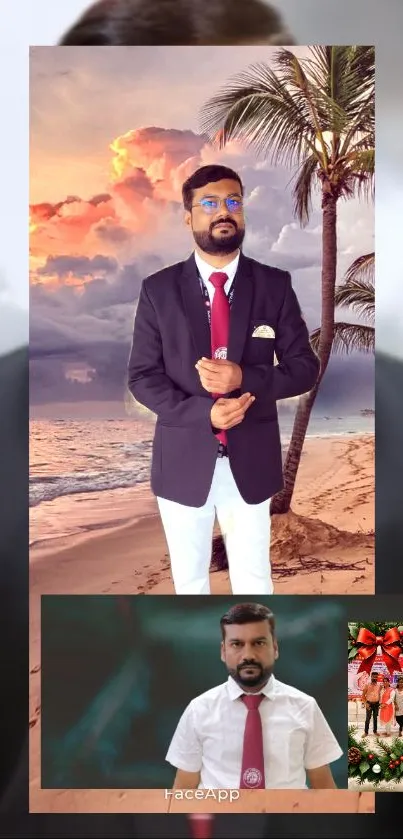 A stylish man in a suit stands on a beach at sunset, creating a classy phone wallpaper.