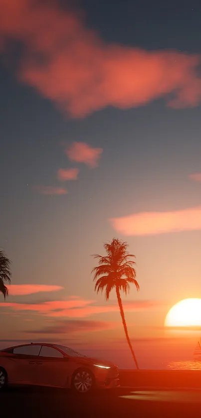 Sunset at the beach with a car silhouette and palm trees.