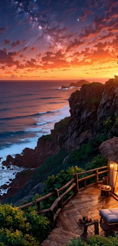 Cliffside retreat with a stunning ocean sunset view and cozy seating area.