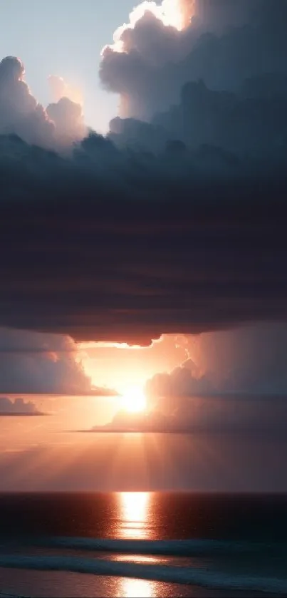 Dramatic sunset over ocean with dark clouds and vibrant colors.