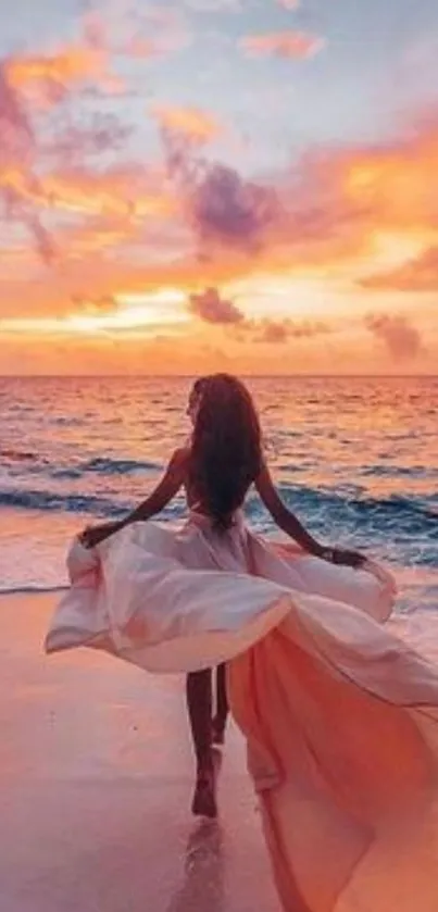 Dreamy sunset over ocean with a flowing dress.