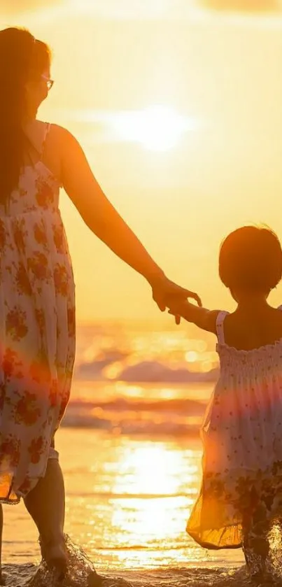 Mother and child holding hands at sunset on a serene beach.