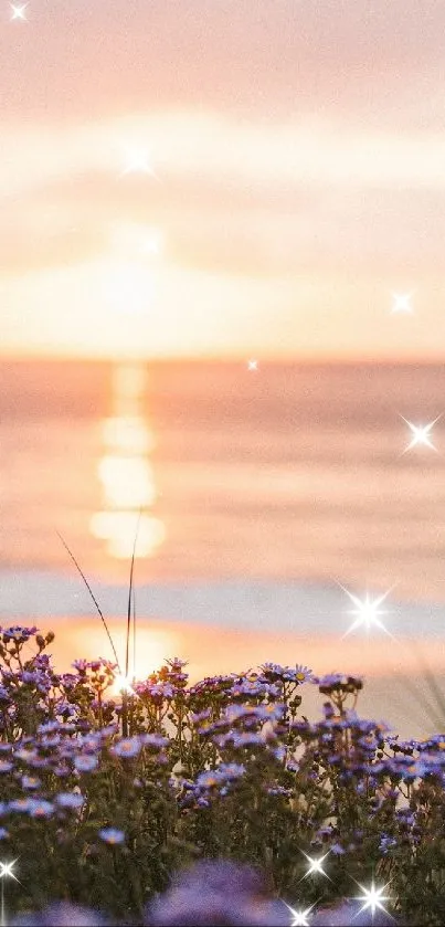 Tranquil beach sunset with flowers in foreground.