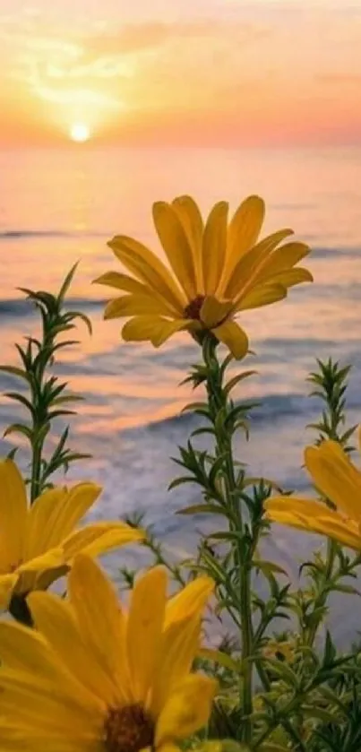 Yellow flowers and ocean sunset mobile wallpaper.