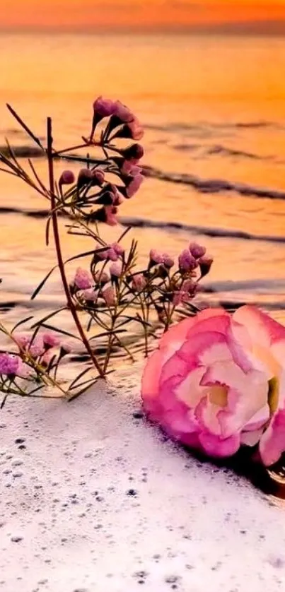 A serene sunset beach scene with flowers and ocean waves.