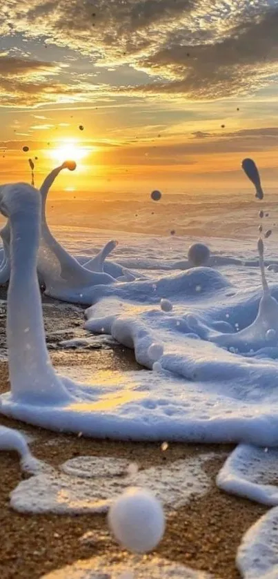 Foamy waves on a beach at sunset under golden skies.