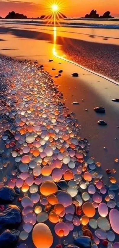 Vibrant sunset beach with colorful glass pebbles reflecting sunlight.