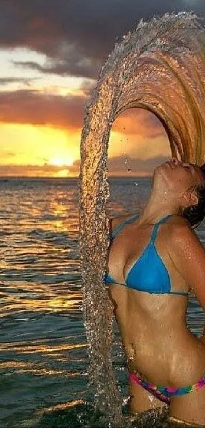 Woman performs a hair flip at sunset on the beach.