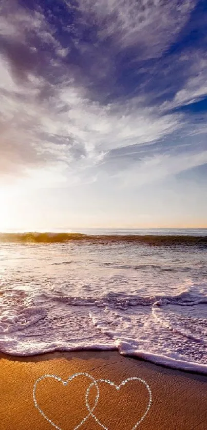 Romantic sunset beach wallpaper with ocean waves and hearts in the sand.