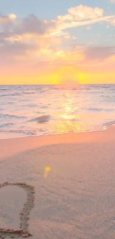 Beach sunset with heart drawn in the sand, reflecting serene and romantic vibes.