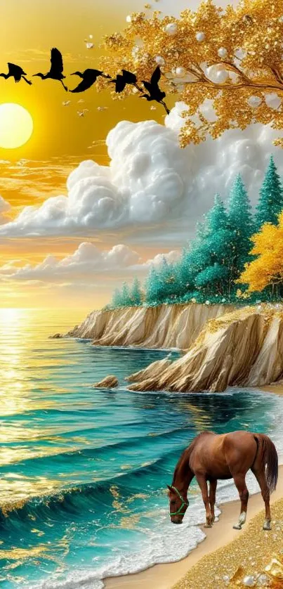 Horse by the sunset beach with vibrant trees and ocean.