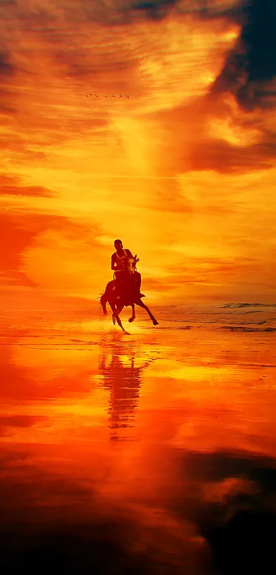 Silhouette horseback ride on beach at sunset.