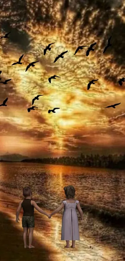 Children holding hands on a sunset beach with birds in the golden sky.