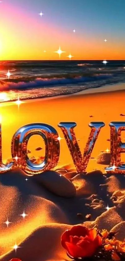 Vibrant sunset beach wallpaper with LOVE typography in glowing orange hues.