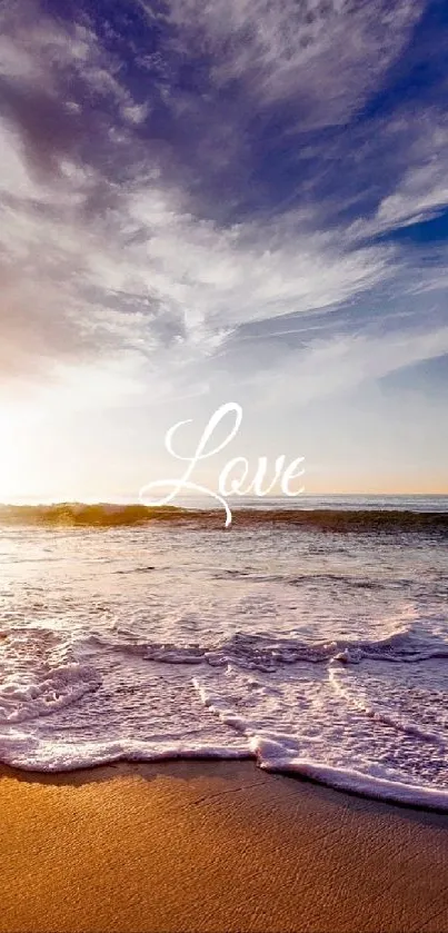 Sunset beach wallpaper with ocean waves and the word 'Love'.