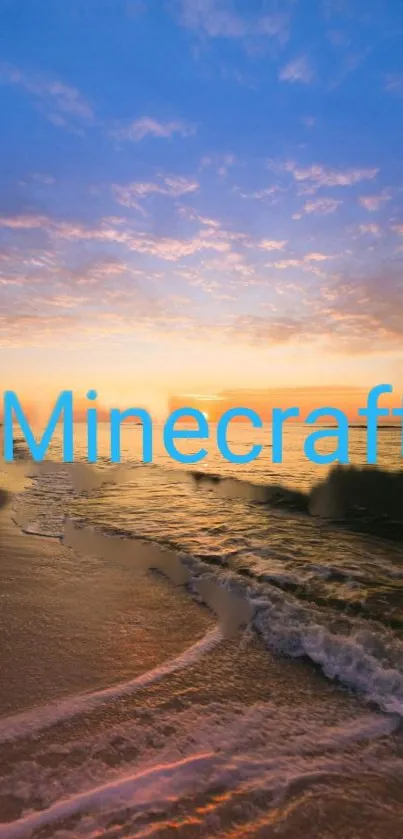 Stunning Minecraft text over a sunset beach scene with ocean waves.