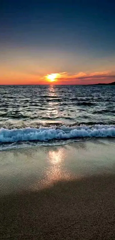 Tranquil beach sunset with calming waves and soft evening glow.