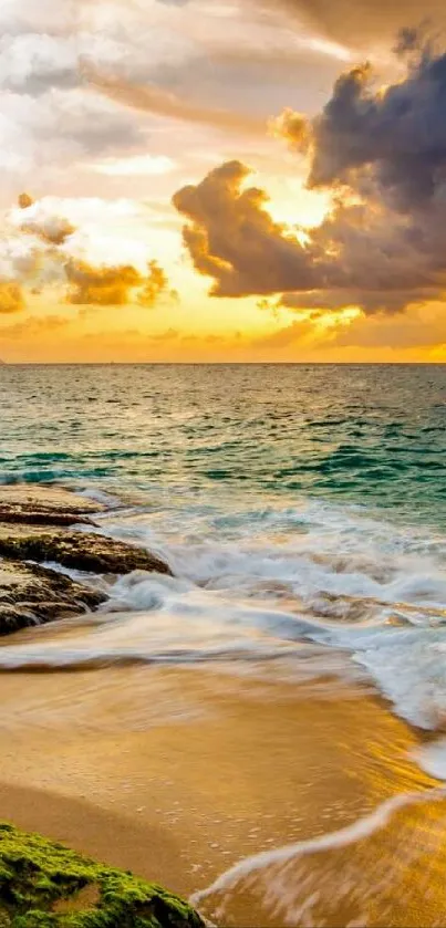 A beautiful sunset at the beach with waves and a vibrant orange sky.