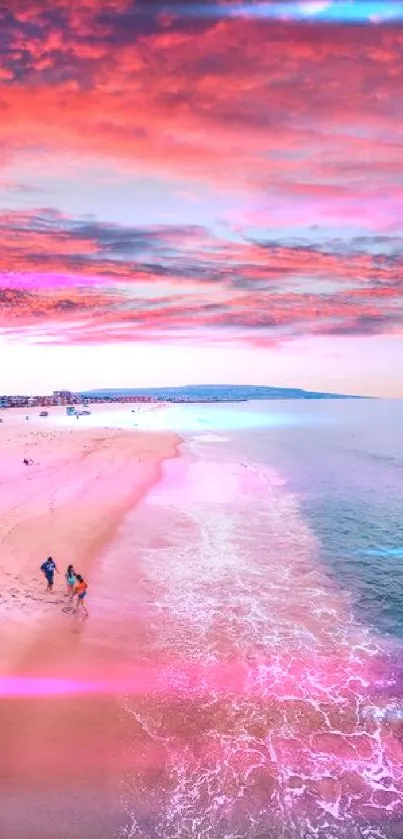 Beautiful sunset beach with pink clouds and ocean waves on mobile wallpaper.