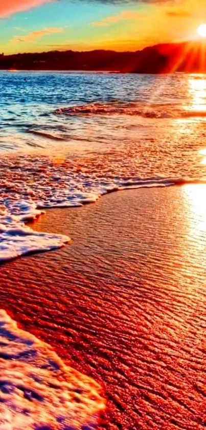 Vibrant sunset over a peaceful beach with glowing waves.