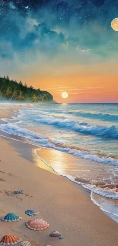 Peaceful beach at sunset with moonrise and ocean waves.