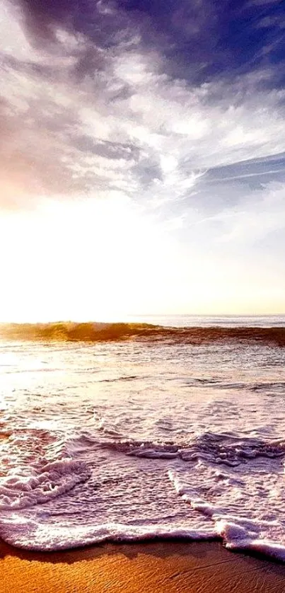 Beautiful sunset beach with waves crashing and colorful sky.