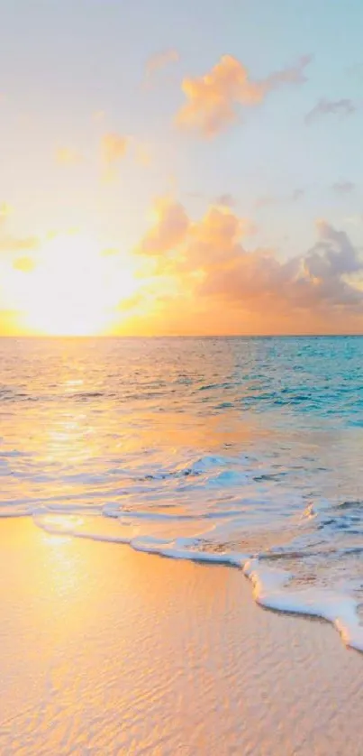 Serene beach sunset with golden sands and a calm ocean under a vibrant sky.